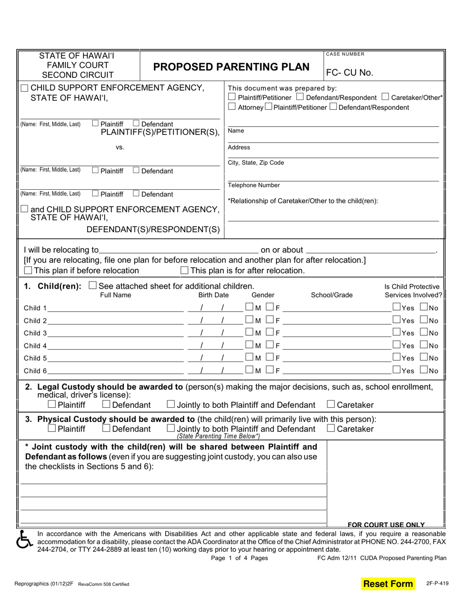 Form 2F-P-419 Proposed Parenting Plan - Hawaii, Page 1