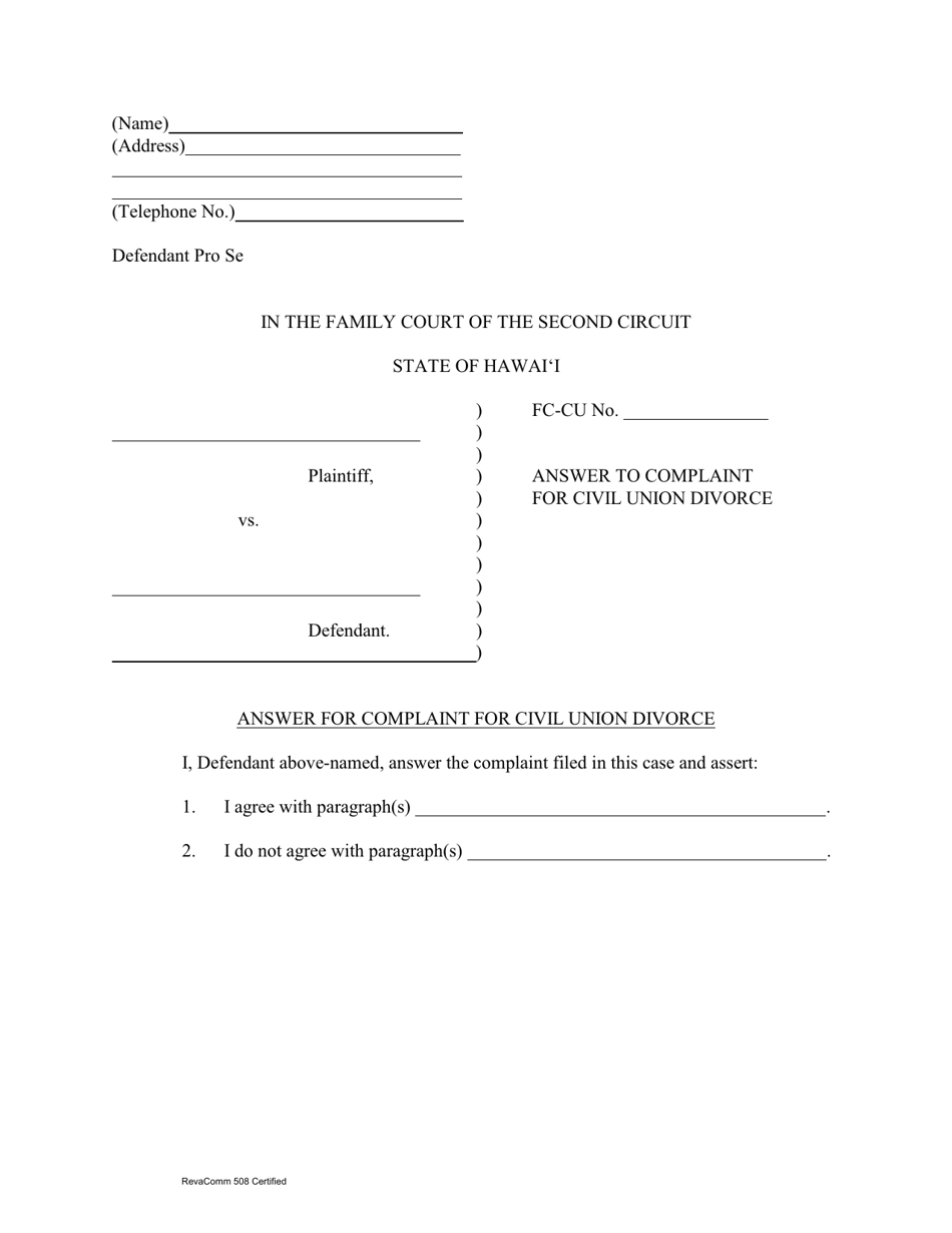 Form 2F-P-428 Answer to Complaint for Civil Union Divorce - Hawaii, Page 1