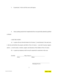 Form 2F-P-428 Answer to Complaint for Civil Union Divorce - Hawaii, Page 2