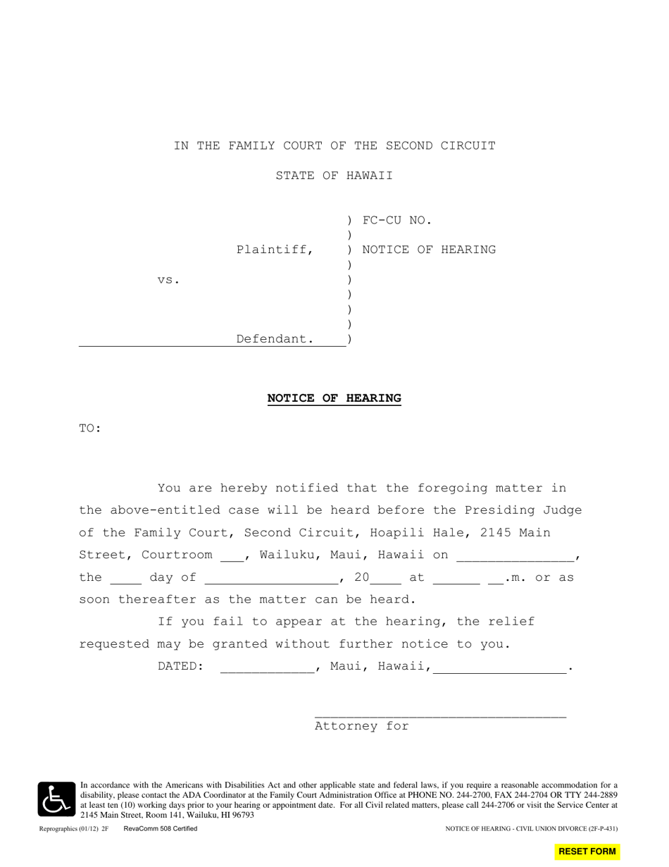 Form 2F-P-431 Notice of Hearing - Hawaii, Page 1