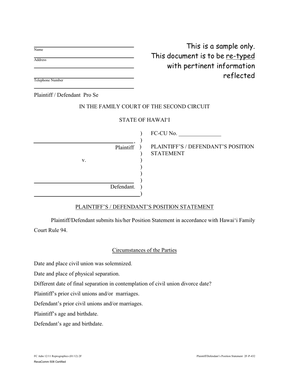 Form 2F-P-432 Plaintiff's / Defendant's Position Statement - Hawaii, Page 1