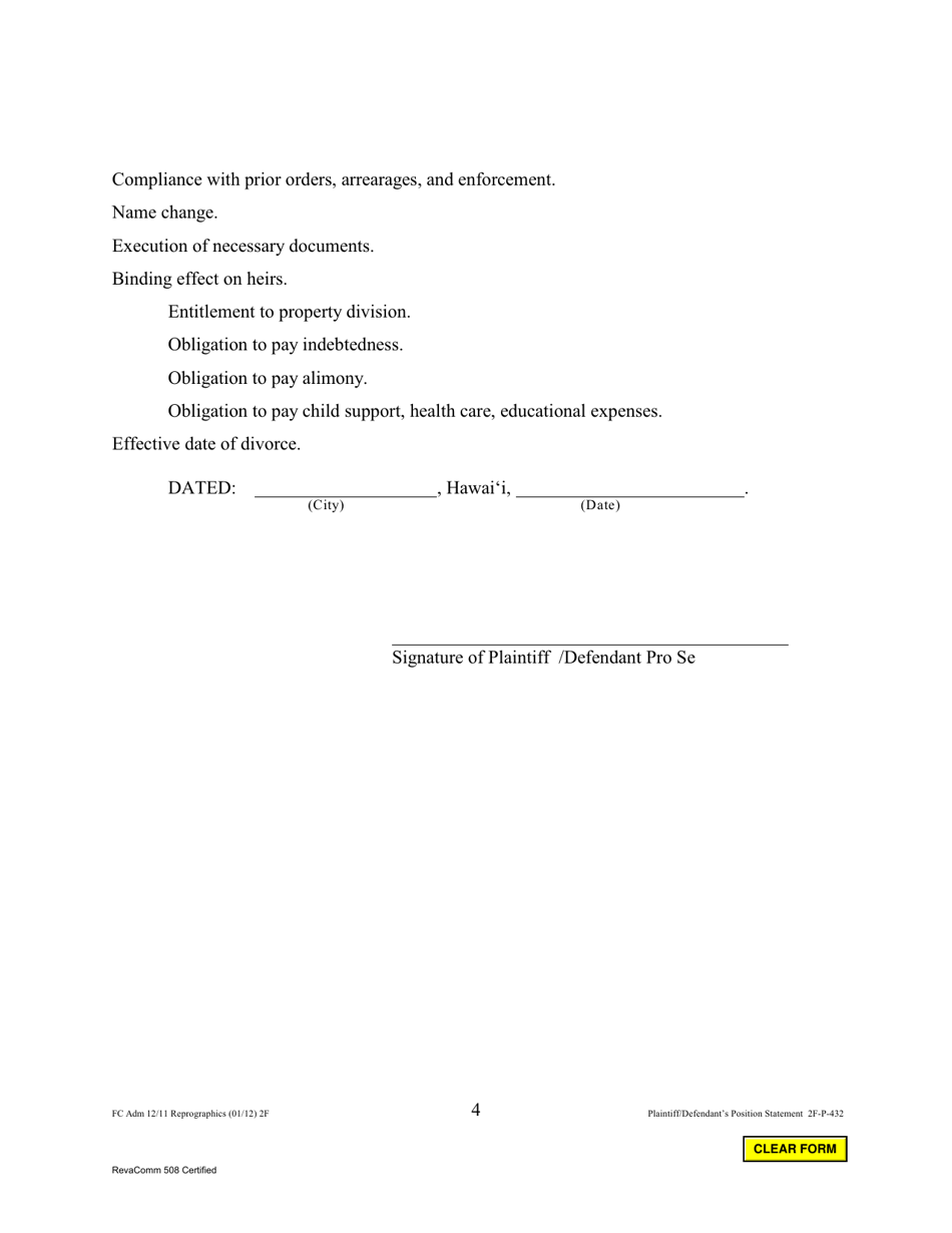 Form 2F-P-432 Plaintiffs / Defendants Position Statement - Hawaii, Page 4