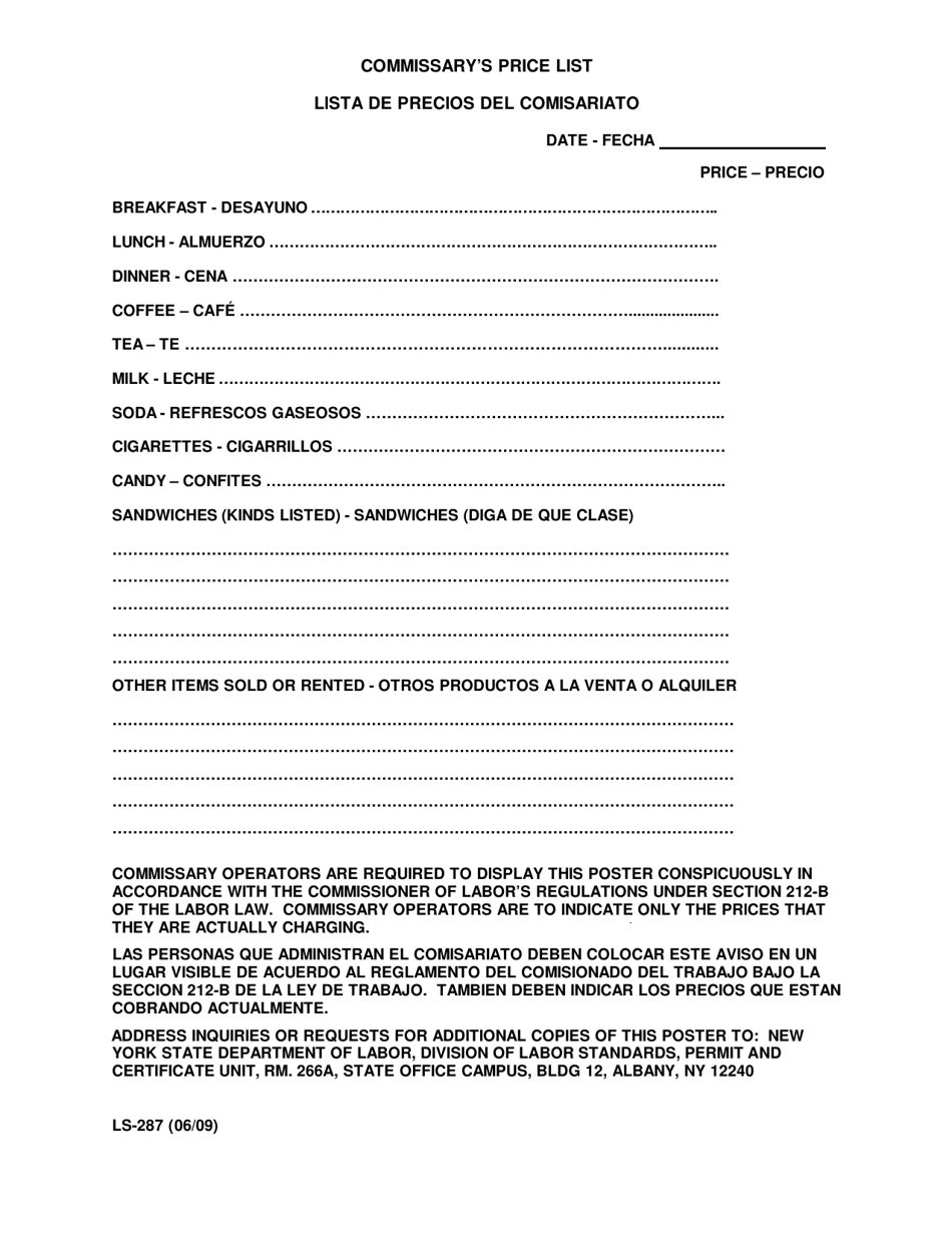 Form LS-287 Commissary Price List - New York (English / Spanish), Page 1