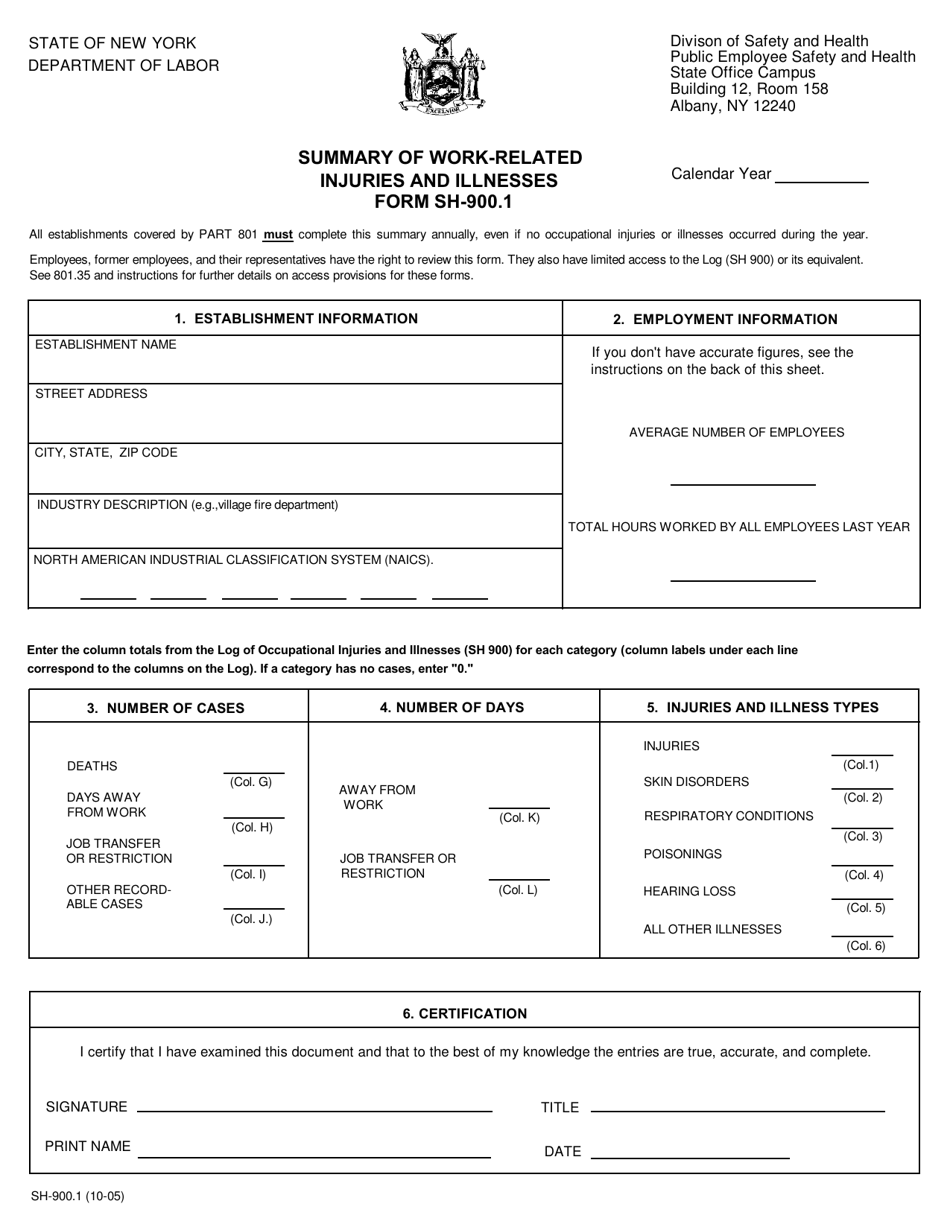 Form SH-900.1 Summary of Work-Related Injuries and Illnesses - New York, Page 1