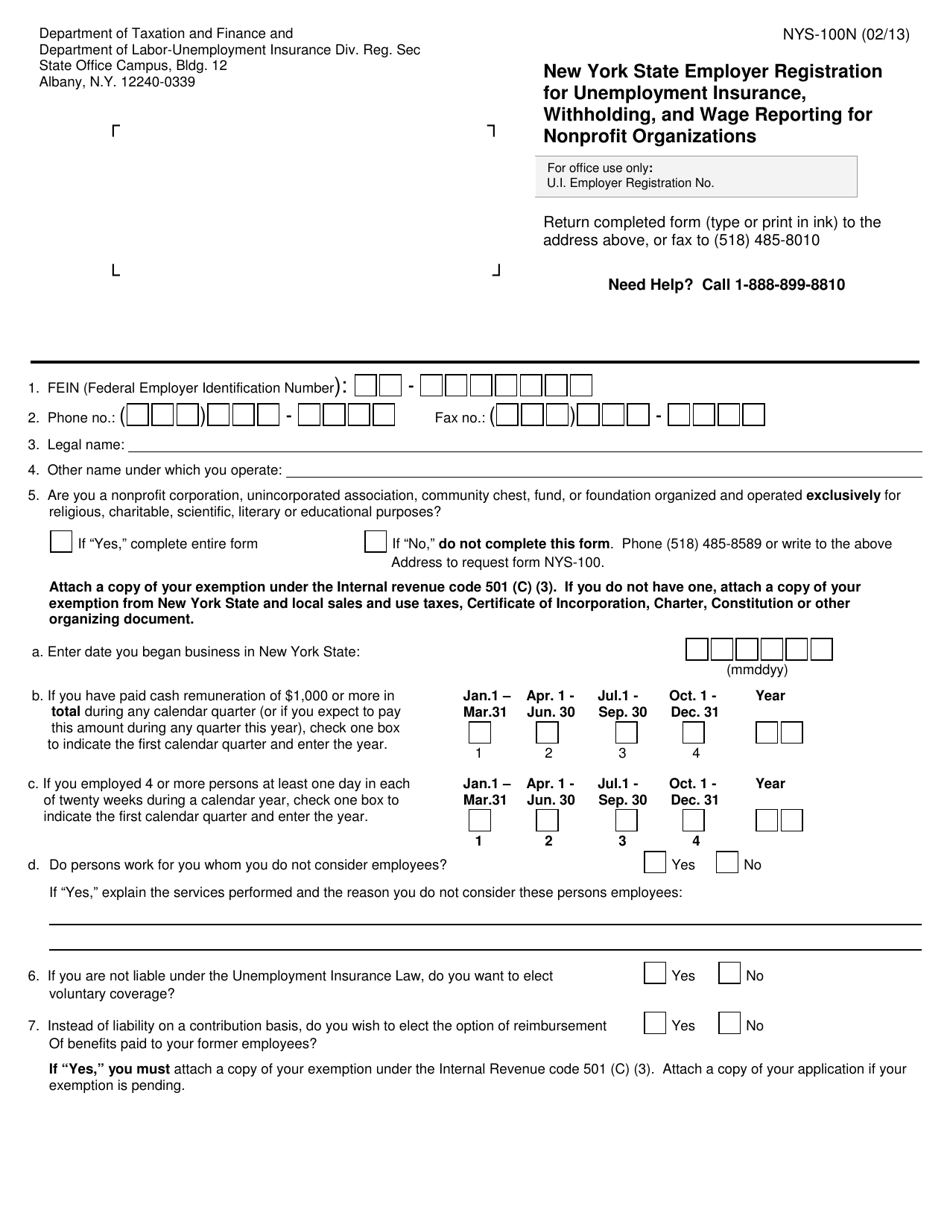 Form NYS-100N New York State Employer Registration for Unemployment Insurance, Withholding, and Wage Reporting for Nonprofit Organizations - New York, Page 1
