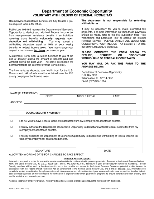 Form UCW4VT Voluntary Withholding of Federal Income Tax - Florida