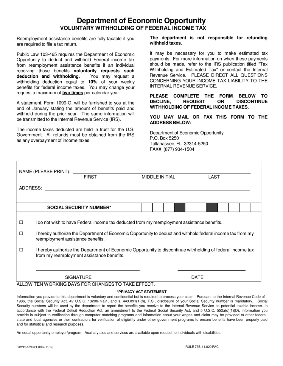 Form UCW4VT Voluntary Withholding of Federal Income Tax - Florida, Page 1