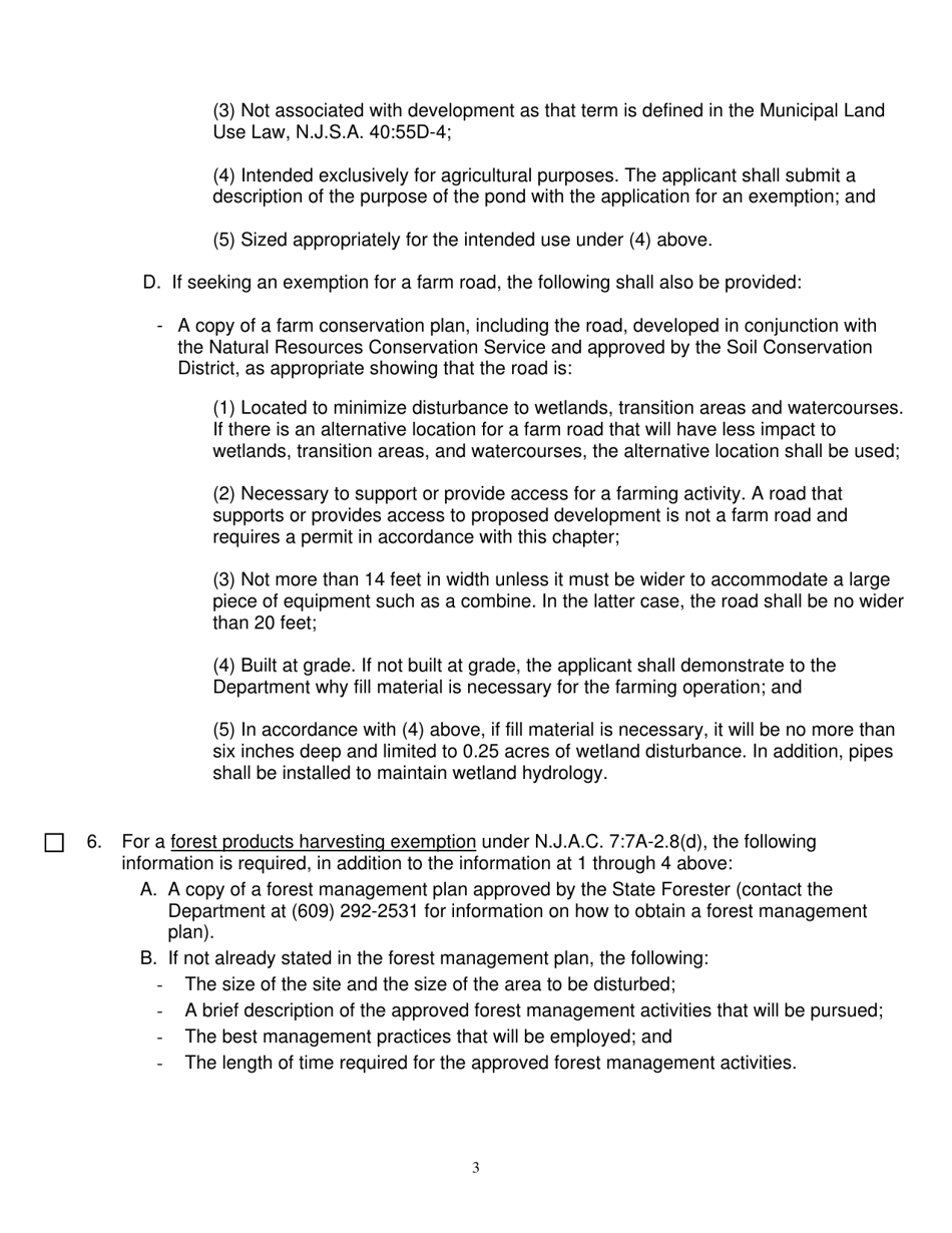Freshwater Wetlands Exemption Letter and Transition Area Exemption Letter Application Checklist - New Jersey, Page 3