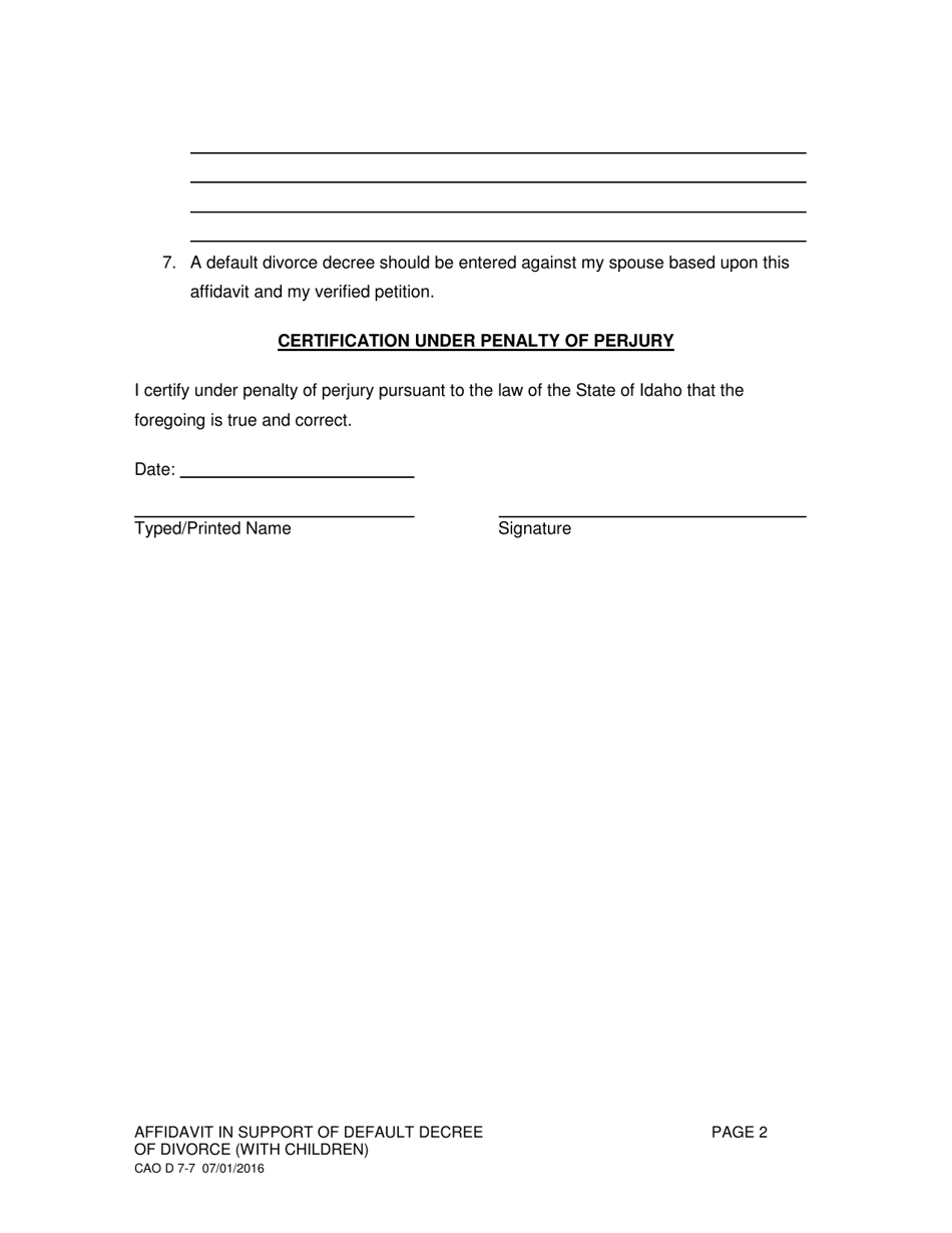 Form CAO D7-7 Affidavit in Support of Default Decree of Divorce (With Children) (I. C. 32-703) - Idaho, Page 2