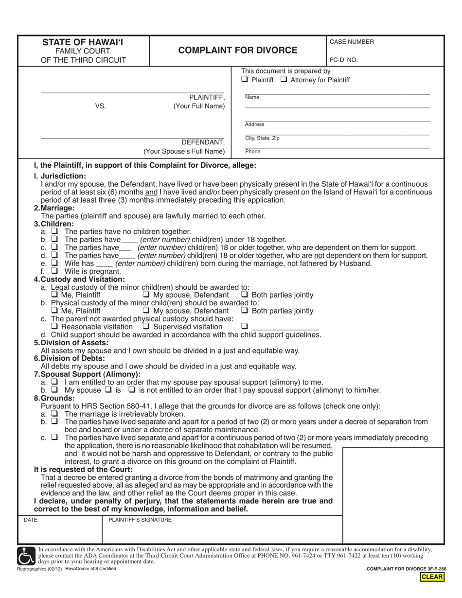 Form 3F-P-266 Complaint for Divorce - Hawaii, Page 1