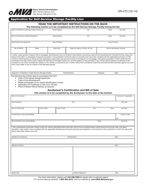 Form VR-472 Application for Self-service Storage Facility Lien - Maryland
