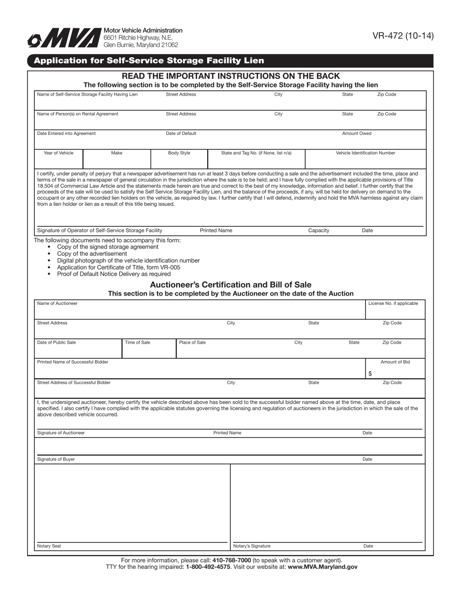 Form VR-472 Application for Self-service Storage Facility Lien - Maryland, Page 1