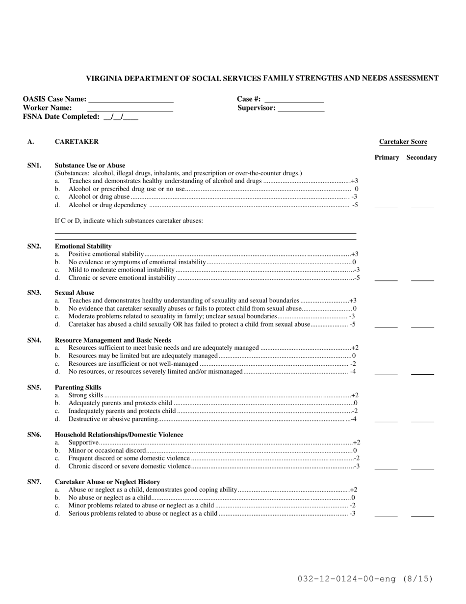 Form 032-12-0124-00-ENG Family Strengths and Needs Assessment - Virginia, Page 1