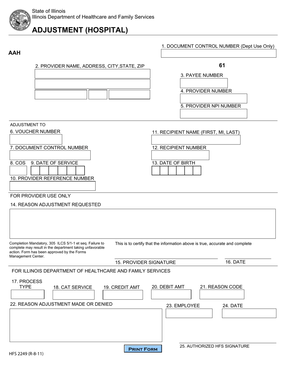 Form HFS2249 Adjustment (Hospital) - Illinois, Page 1