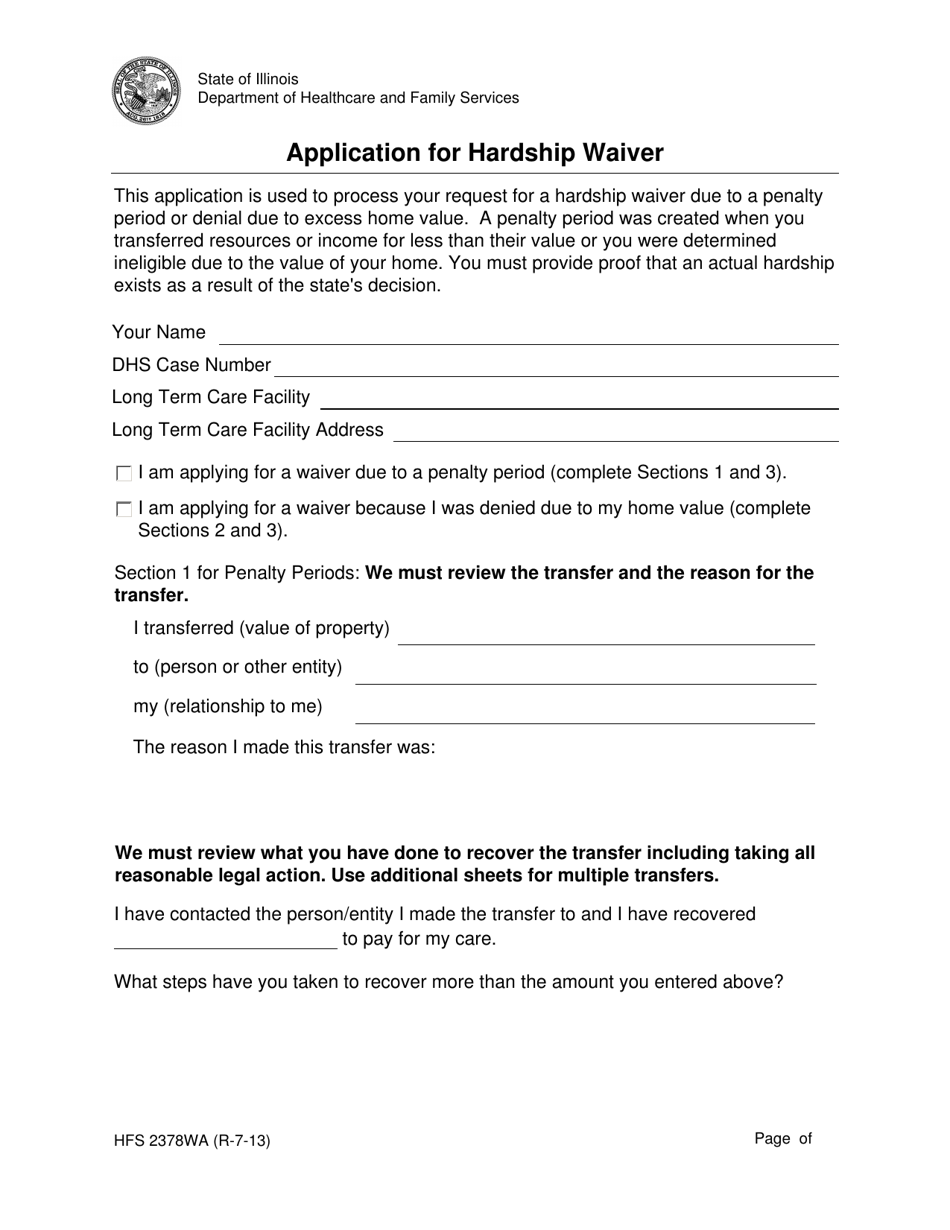 Form HFS2378WA Application for Hardship Waiver - Illinois, Page 1