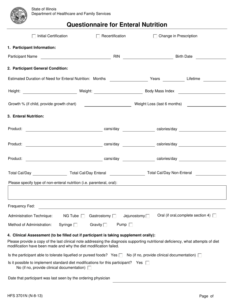 Form HFS3701N Questionnaire for Enteral Nutrition - Illinois, Page 1