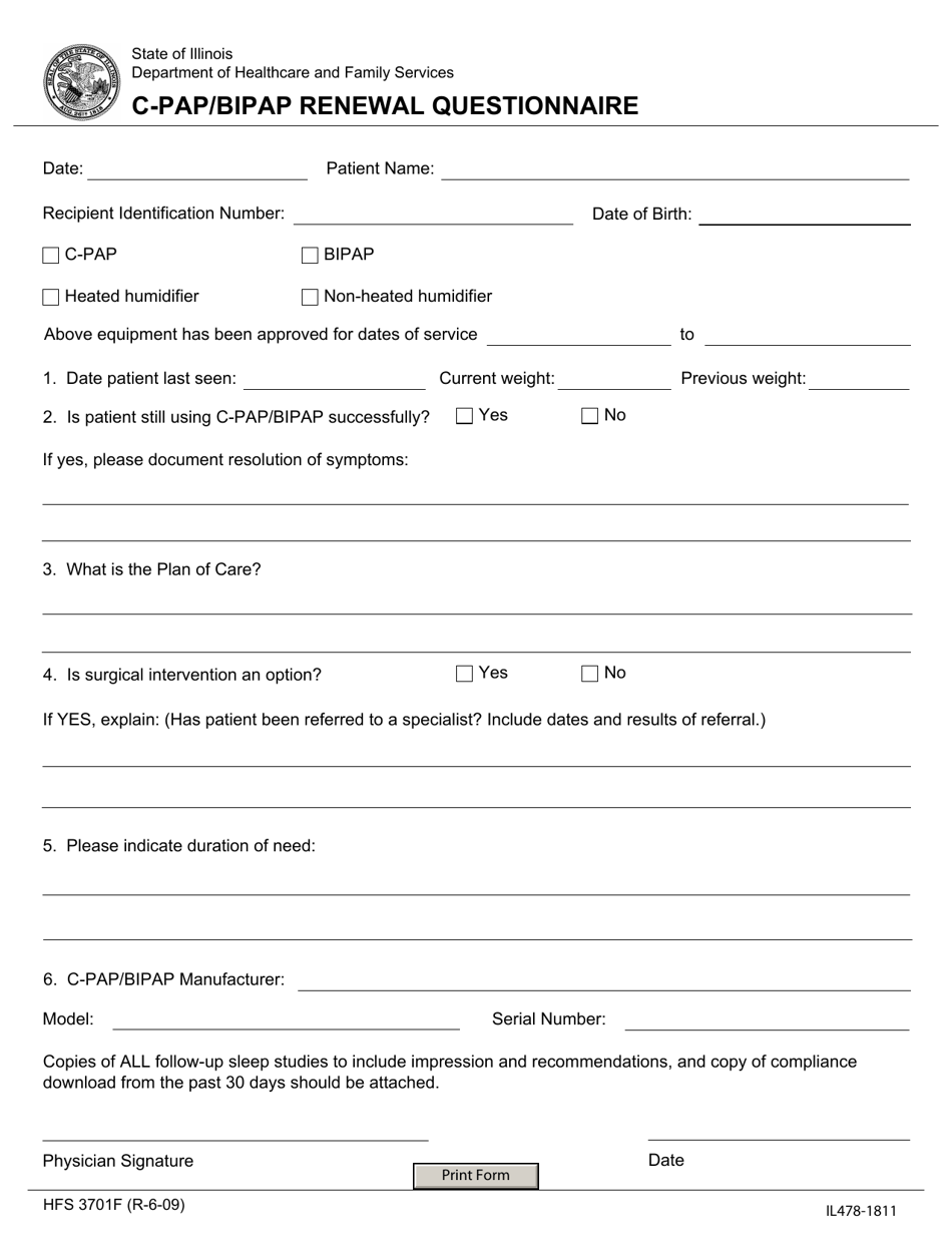 Form HFS3701F (IL478-1811) C-Pap/Bipap Renewal Questionnaire - Illinois, Page 1