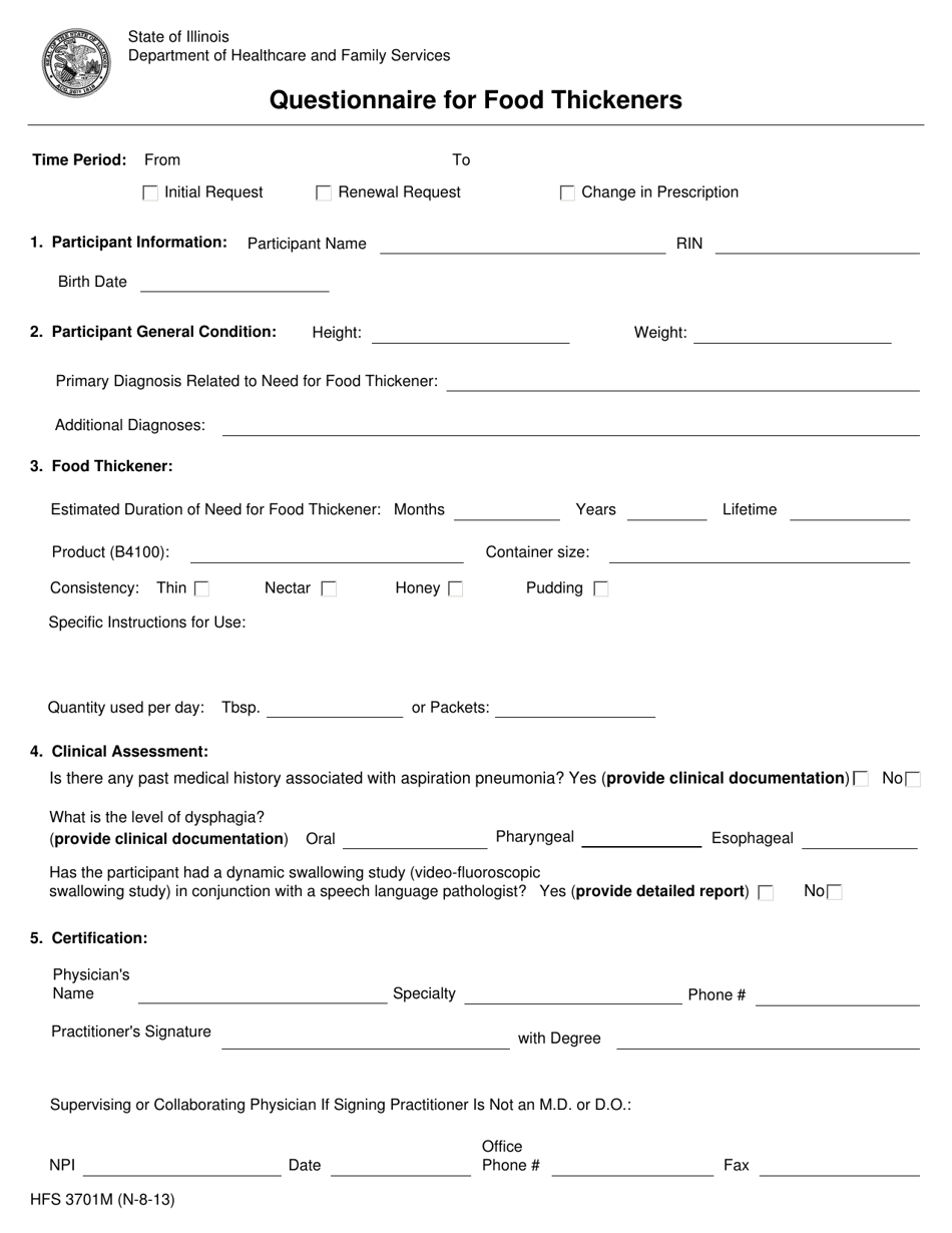 Form HFS3701M Questionnaire for Food Thickeners - Illinois, Page 1