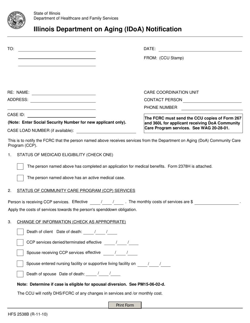 Form HFS2538B Illinois Department on Aging (Idoa) Notification - Illinois, Page 1