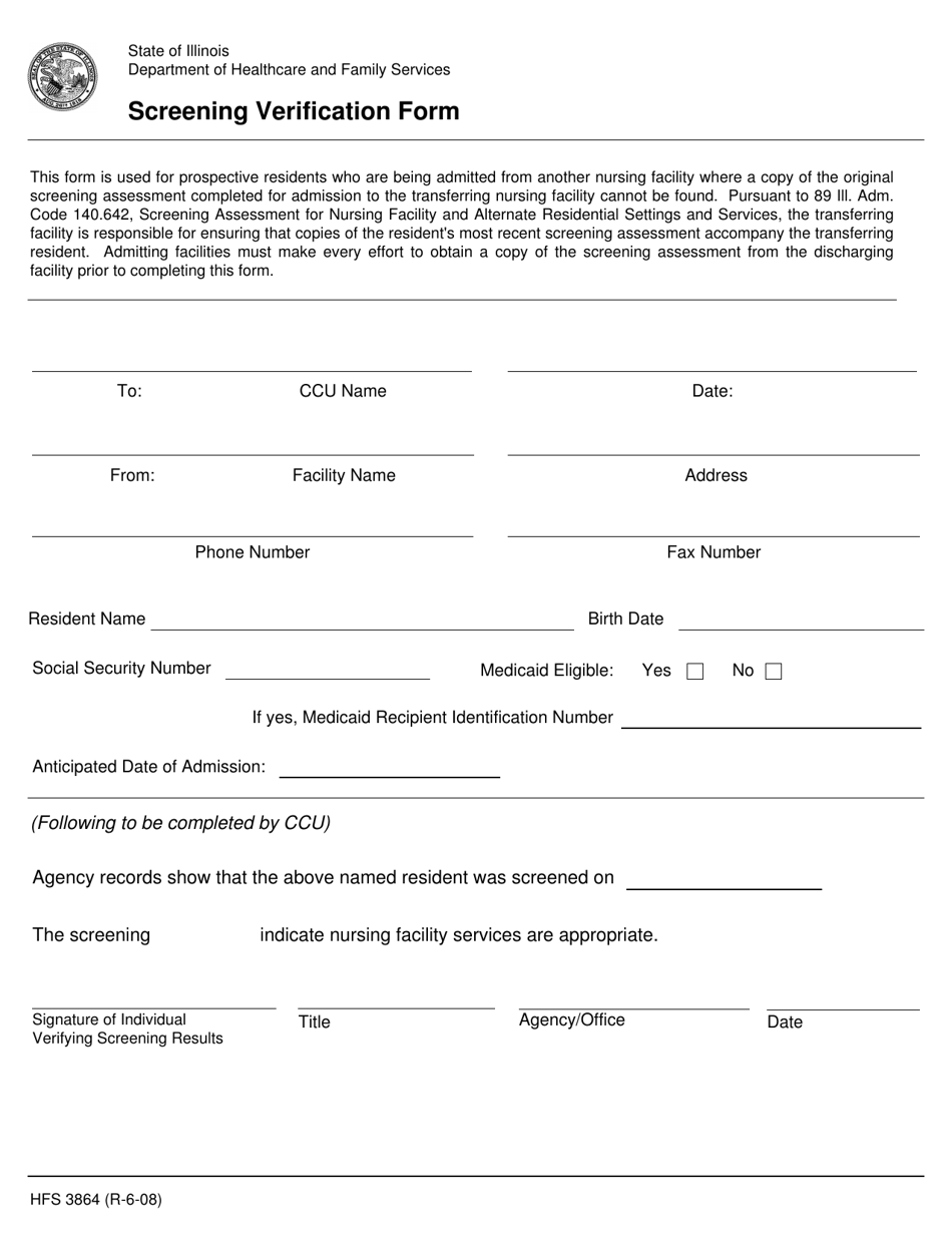Form HFS3864 Screening Verification Form - Illinois, Page 1