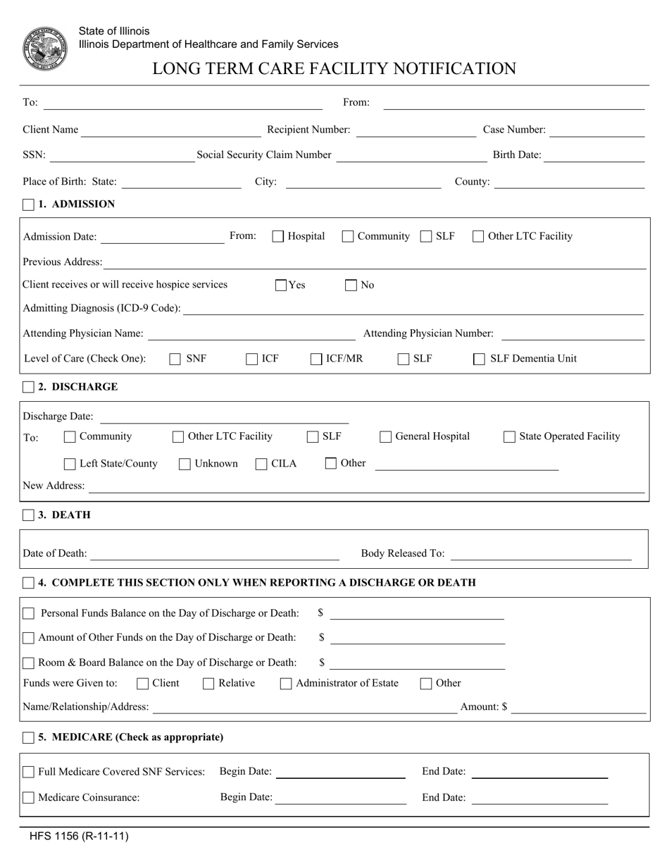 Form HFS1156 Long Term Care Facility Notification - Illinois, Page 1