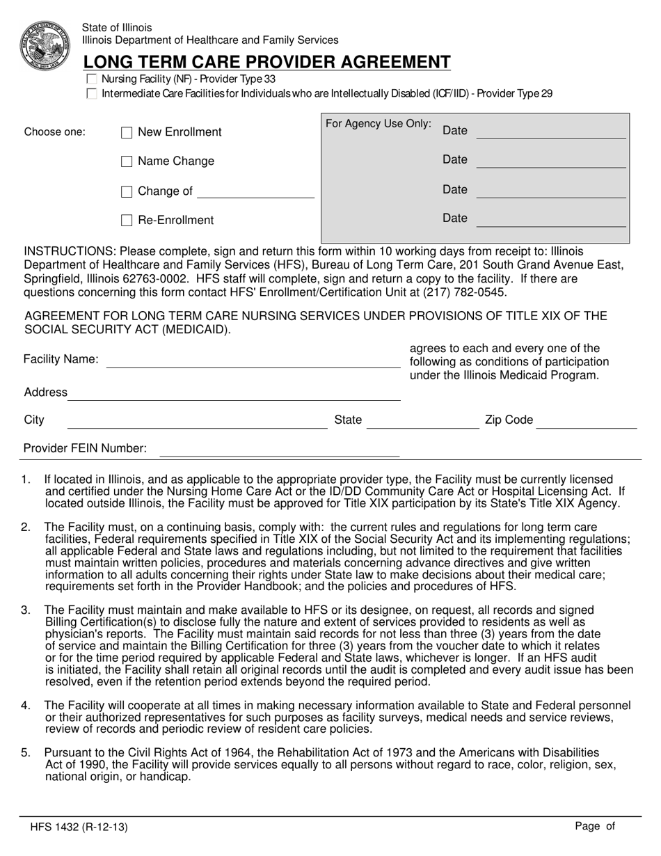 Form HFS1432 Long Term Care Provider Agreement Nursing Facilities and Icf/Iid (Provider Types 33 and 29) - Illinois, Page 1