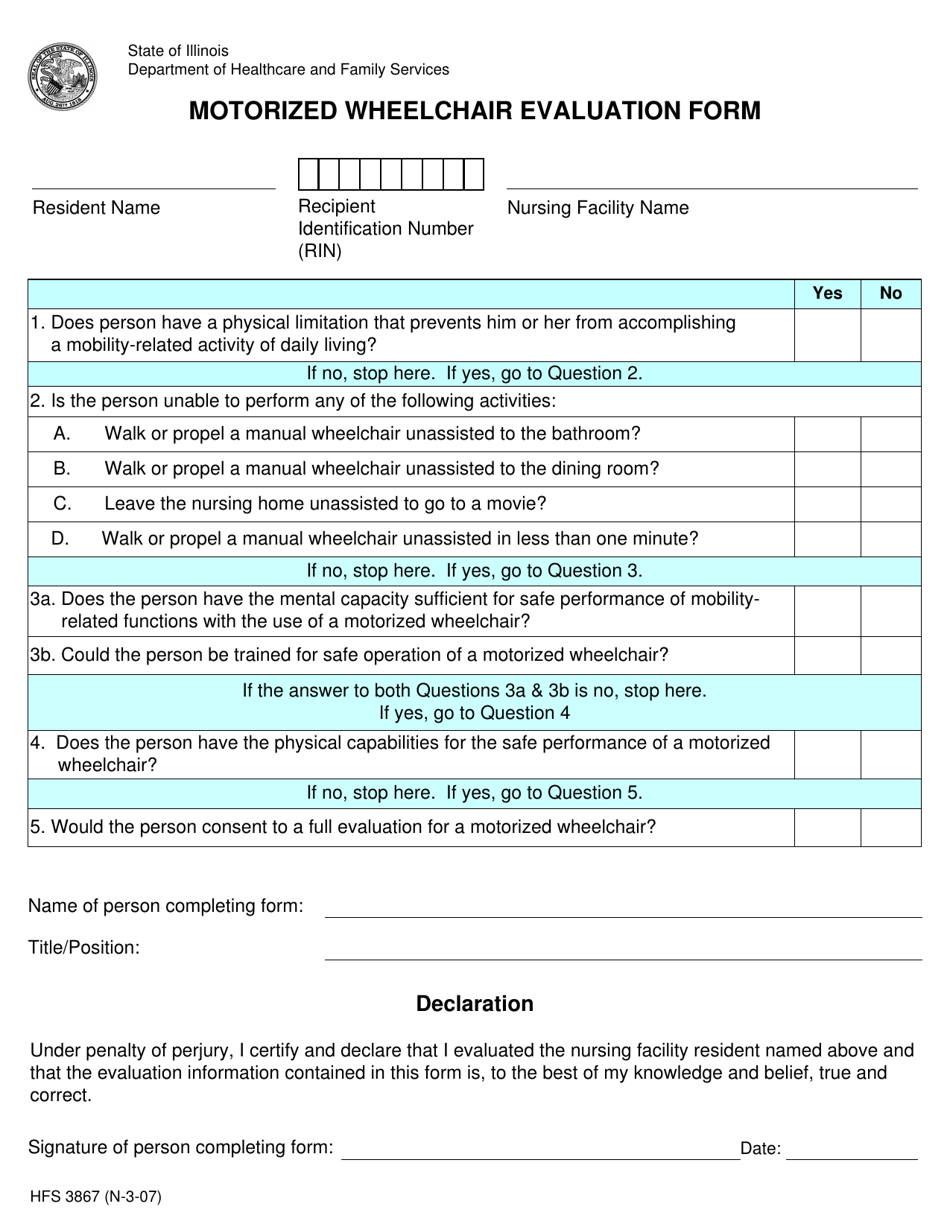 Form HFS3867 Motorized Wheelchair Evaluation Form - Illinois, Page 1