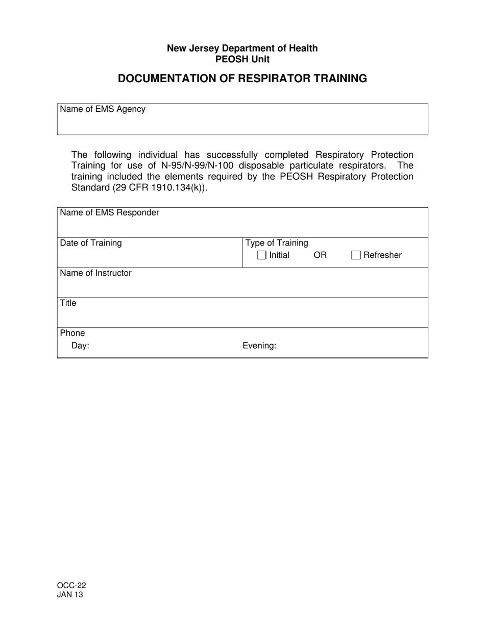 Form OCC-22 Documentation of Respirator Training - New Jersey, Page 1
