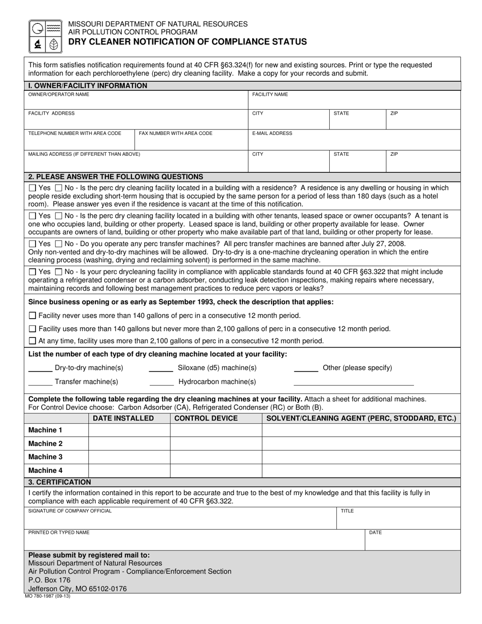 Form MO780-1987 Dry Cleaner Notification of Compliance Status - Missouri, Page 1