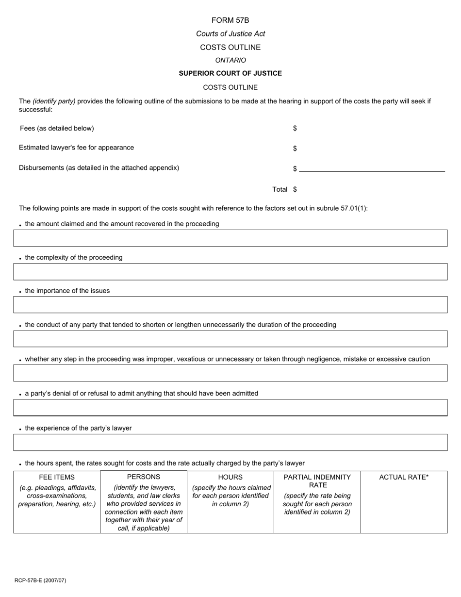 Form 57B Costs Outline - Ontario, Canada, Page 1