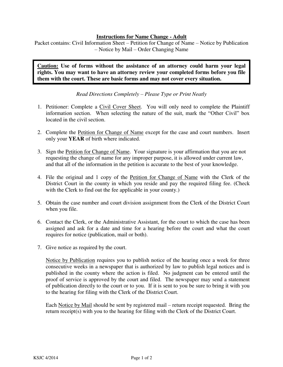 Instructions for Petition for Change of Name - Kansas, Page 1