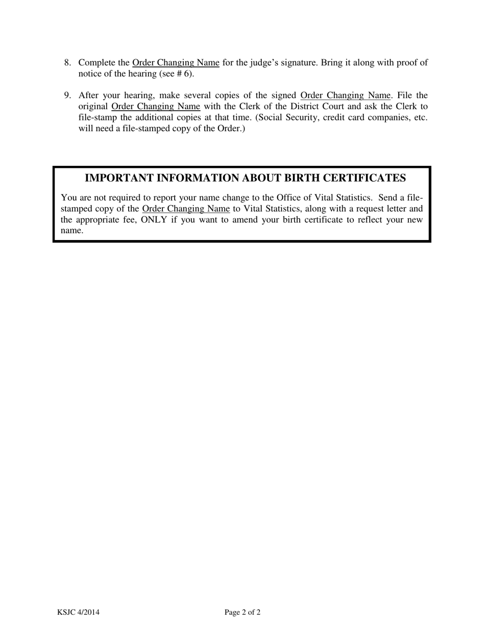 Instructions for Petition for Change of Name - Kansas, Page 2