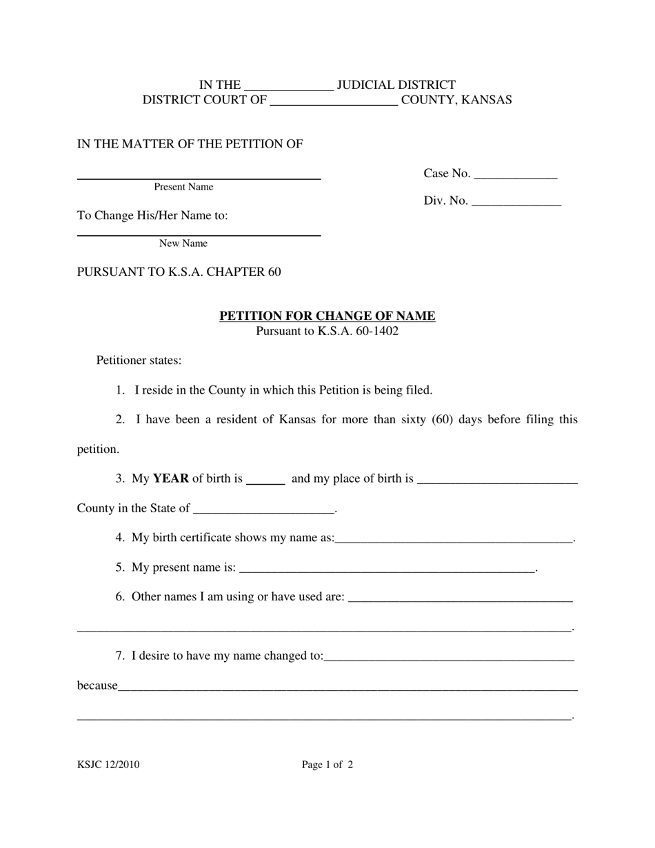 Kansas Petition for Change of Name Download Printable PDF Templateroller