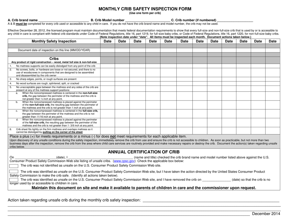 Monthly Crib Safety Inspection Form - Minnesota, Page 1