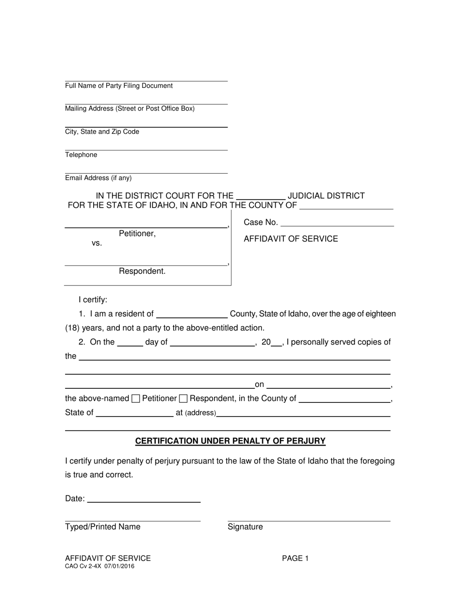 Form CAO Cv2-4X Affidavit of Service - Idaho, Page 1