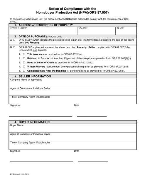 Notice of Compliance With the Homebuyer Protection Act (Hpa) (Ors 87.007) - Oregon Download Pdf