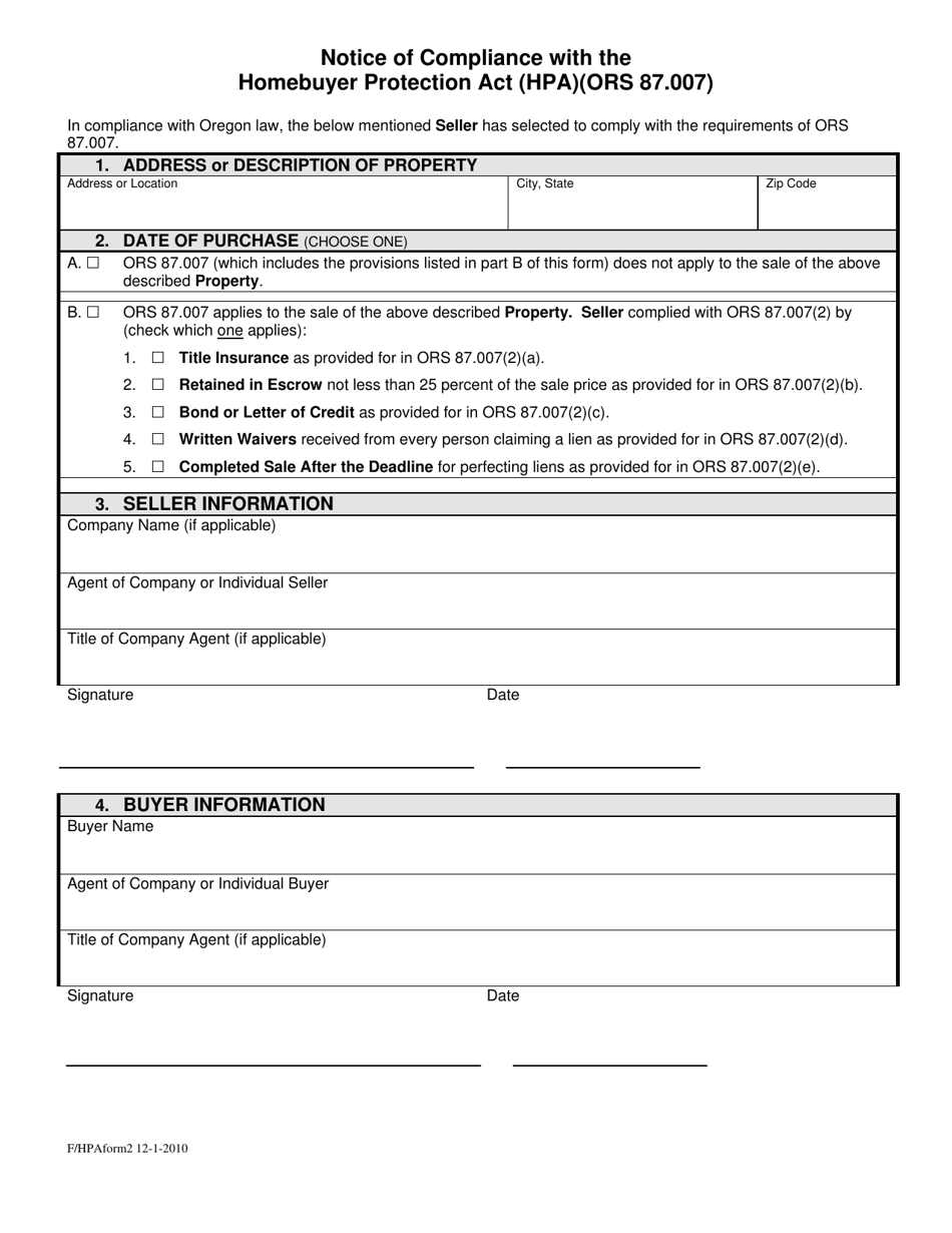Oregon Notice of Compliance With the Homebuyer Protection