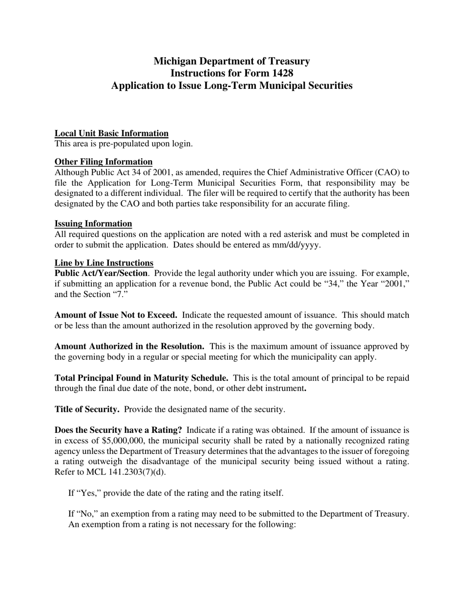 Instructions for Form 1428 Application for State Treasurers Approval to Issue Long-Term Securities - Michigan, Page 1
