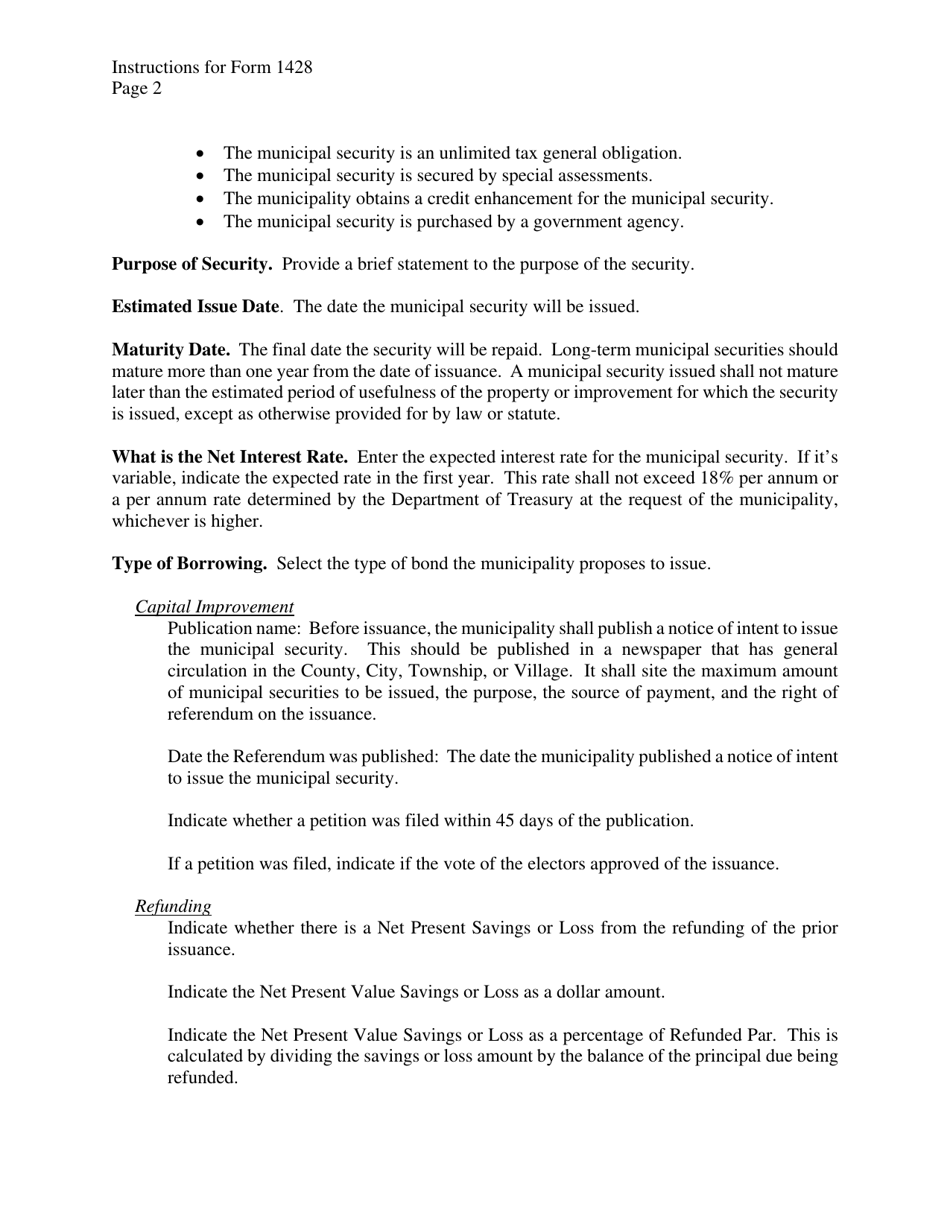 Instructions for Form 1428 Application for State Treasurers Approval to Issue Long-Term Securities - Michigan, Page 2