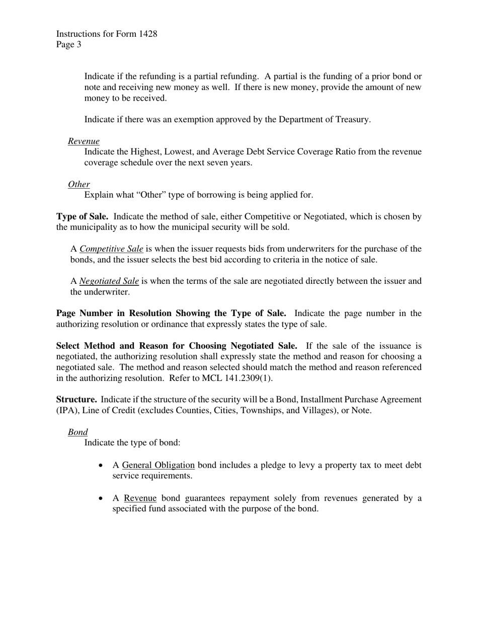 Instructions for Form 1428 Application for State Treasurers Approval to Issue Long-Term Securities - Michigan, Page 3