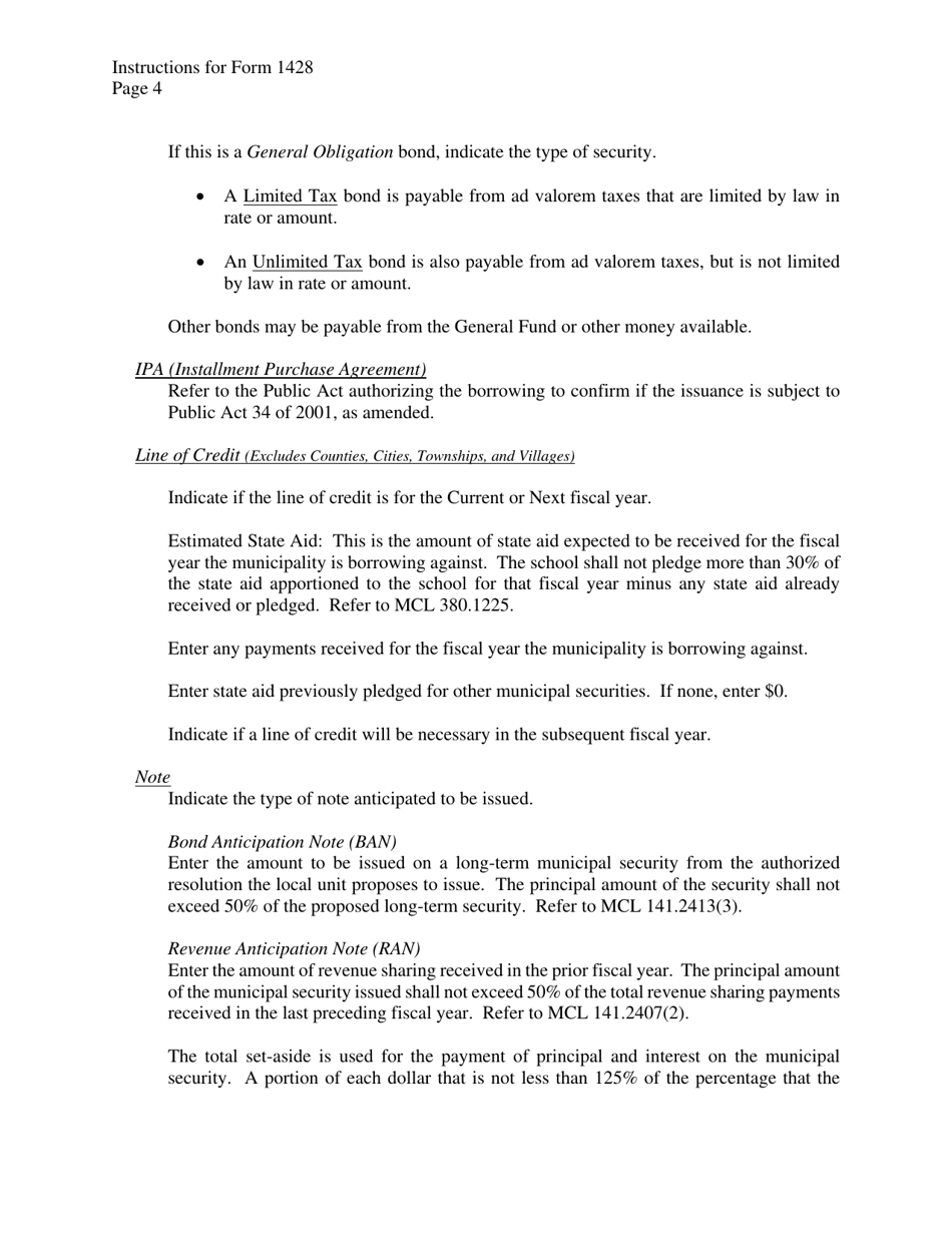 Instructions for Form 1428 Application for State Treasurers Approval to Issue Long-Term Securities - Michigan, Page 4