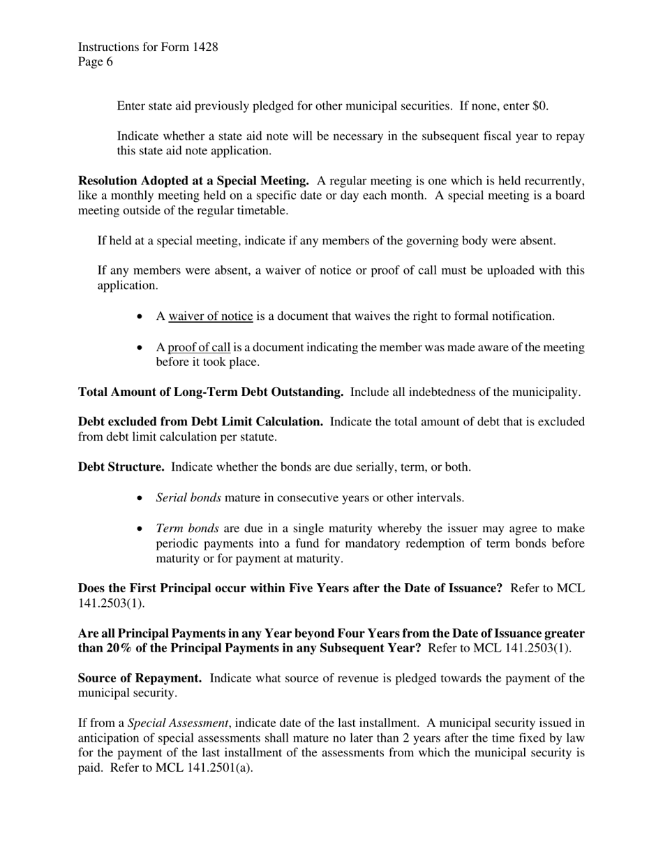 Instructions for Form 1428 Application for State Treasurers Approval to Issue Long-Term Securities - Michigan, Page 6