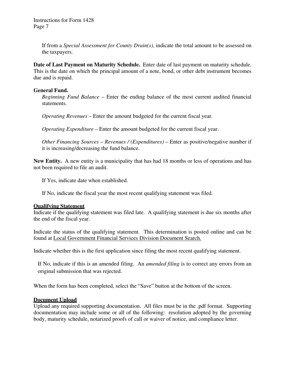 Instructions for Form 1428 Application for State Treasurers Approval to Issue Long-Term Securities - Michigan, Page 7