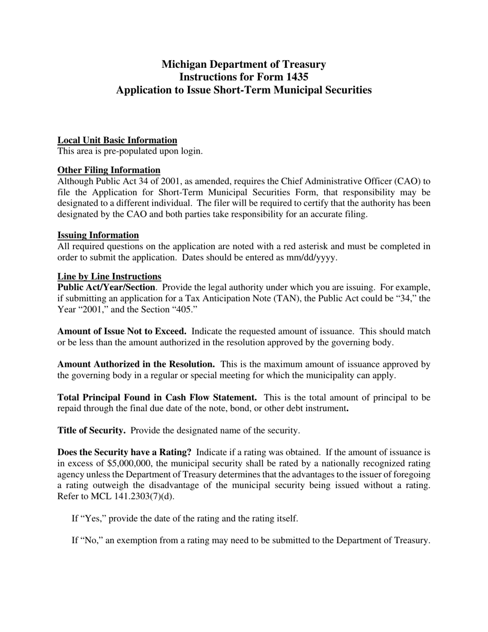 Instructions for Form 1435 Application for State Treasurers Approval to Issue Short-Term Municipal Securities - Michigan, Page 1