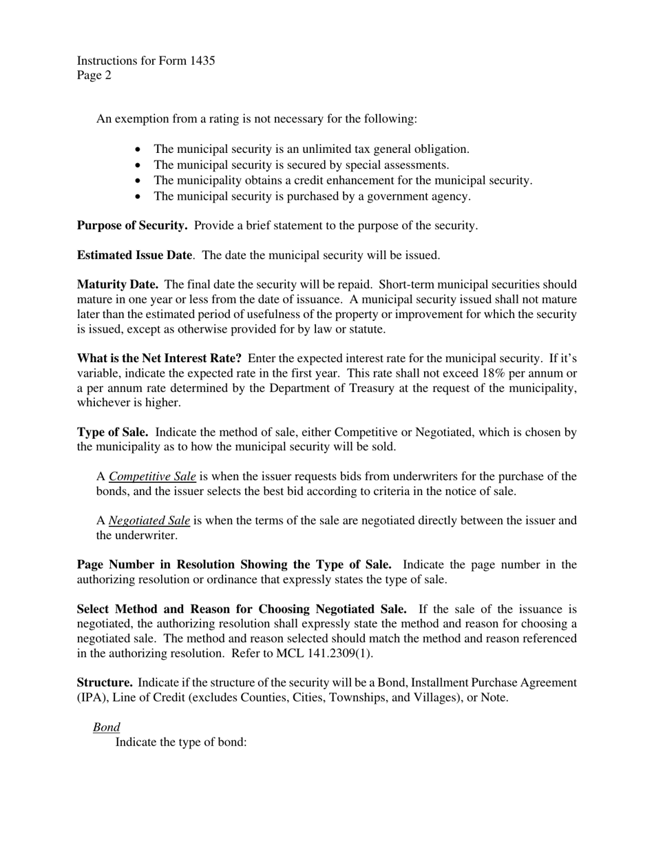 Instructions for Form 1435 Application for State Treasurers Approval to Issue Short-Term Municipal Securities - Michigan, Page 2