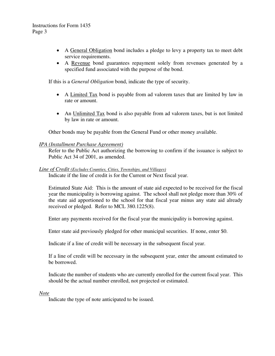 Instructions for Form 1435 Application for State Treasurers Approval to Issue Short-Term Municipal Securities - Michigan, Page 3