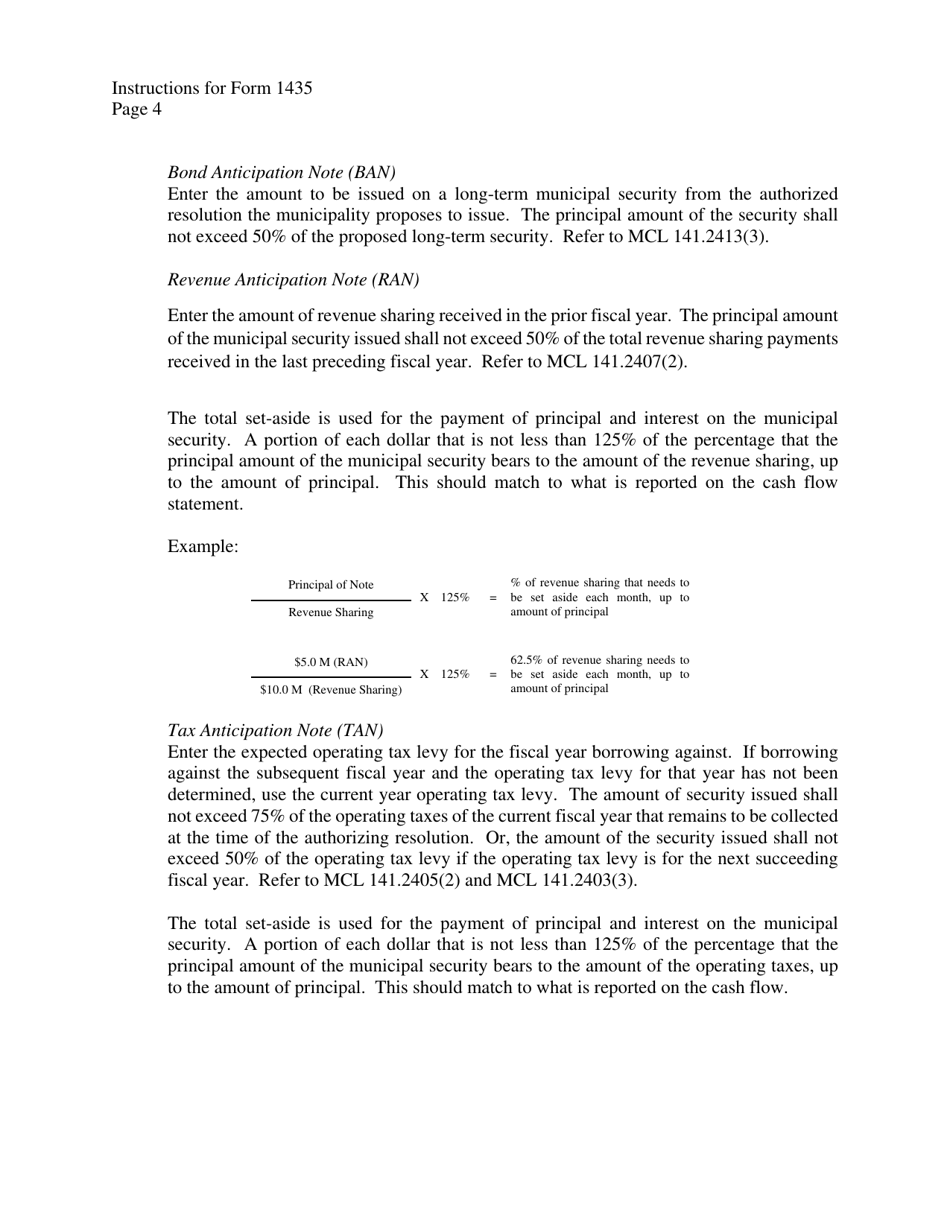 Instructions for Form 1435 Application for State Treasurers Approval to Issue Short-Term Municipal Securities - Michigan, Page 4