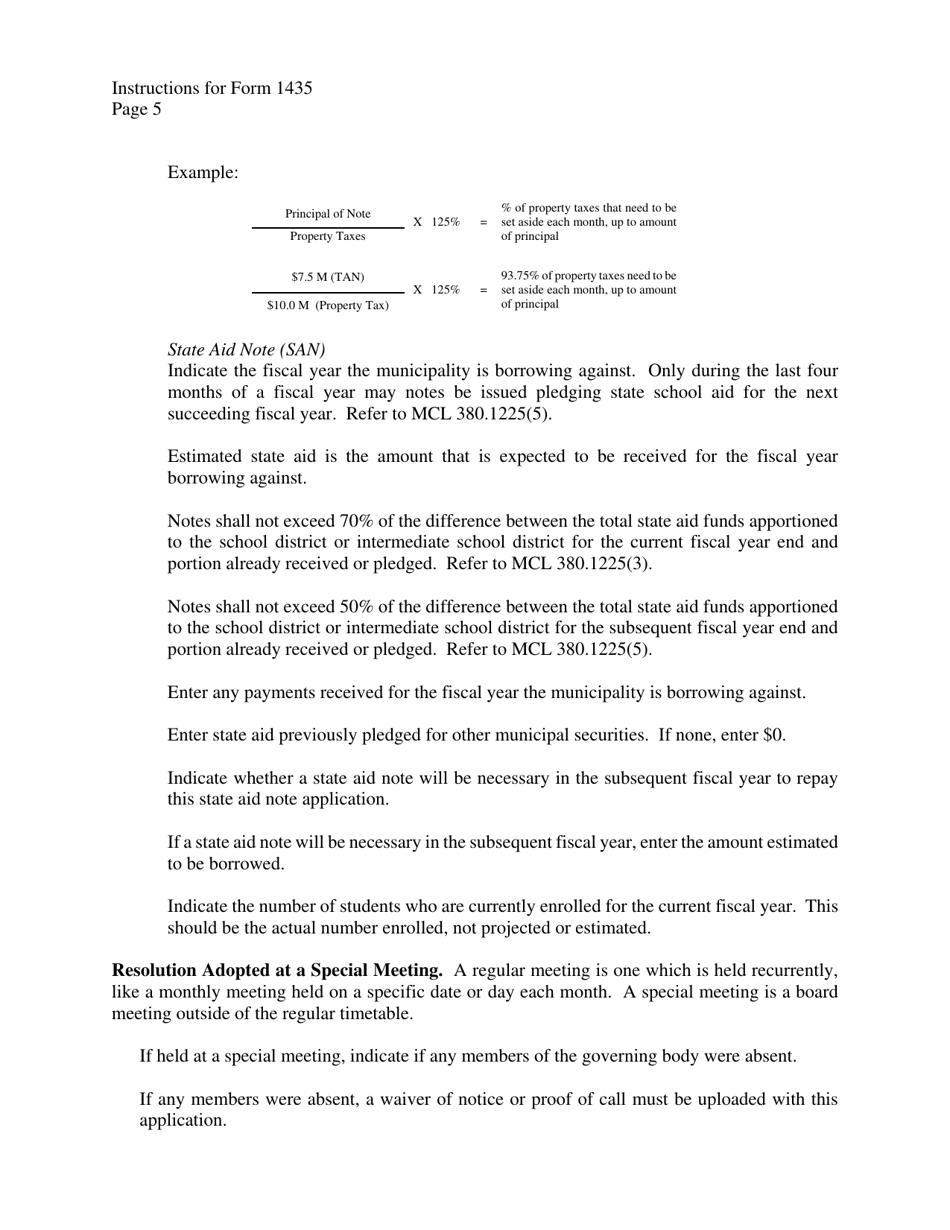 Instructions for Form 1435 Application for State Treasurers Approval to Issue Short-Term Municipal Securities - Michigan, Page 5