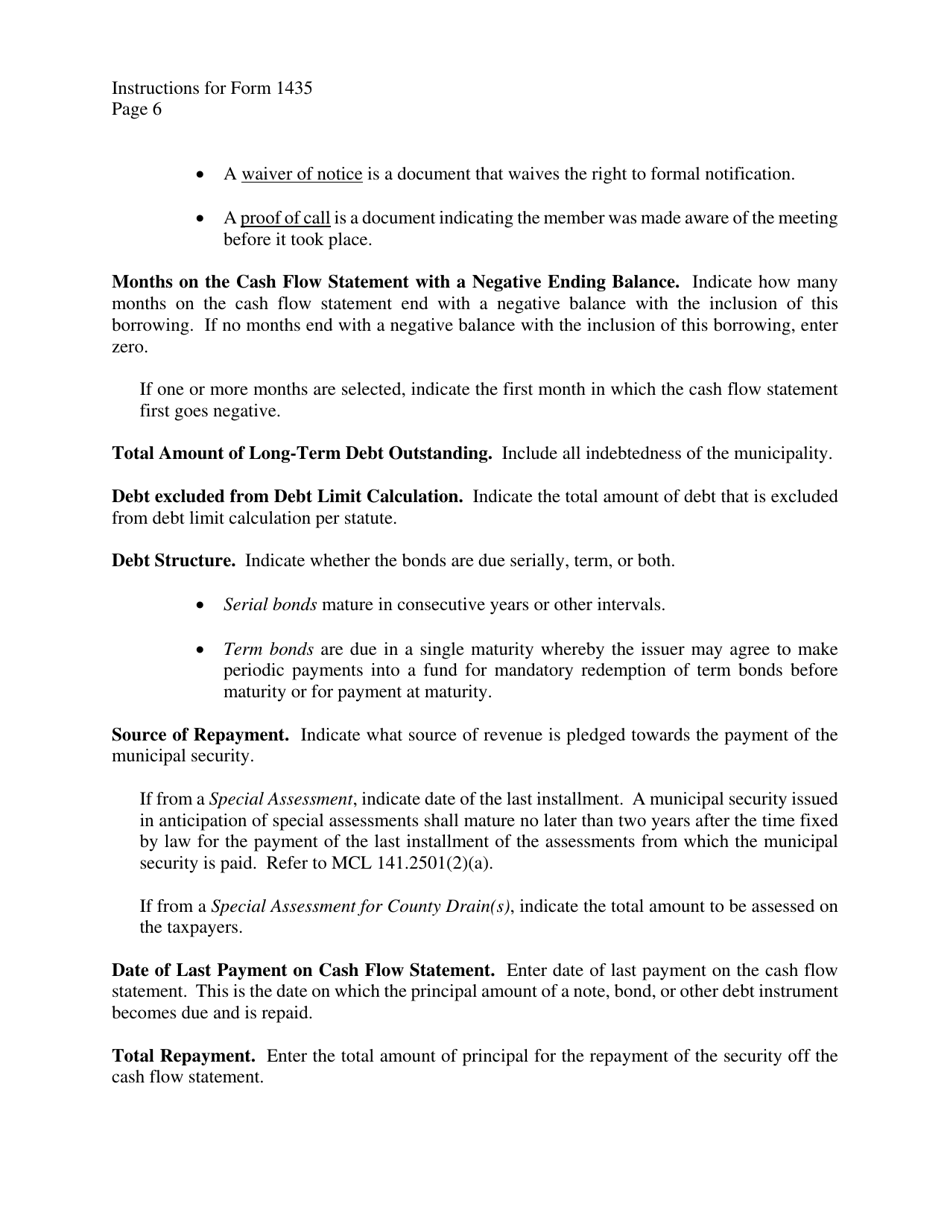Instructions for Form 1435 Application for State Treasurers Approval to Issue Short-Term Municipal Securities - Michigan, Page 6