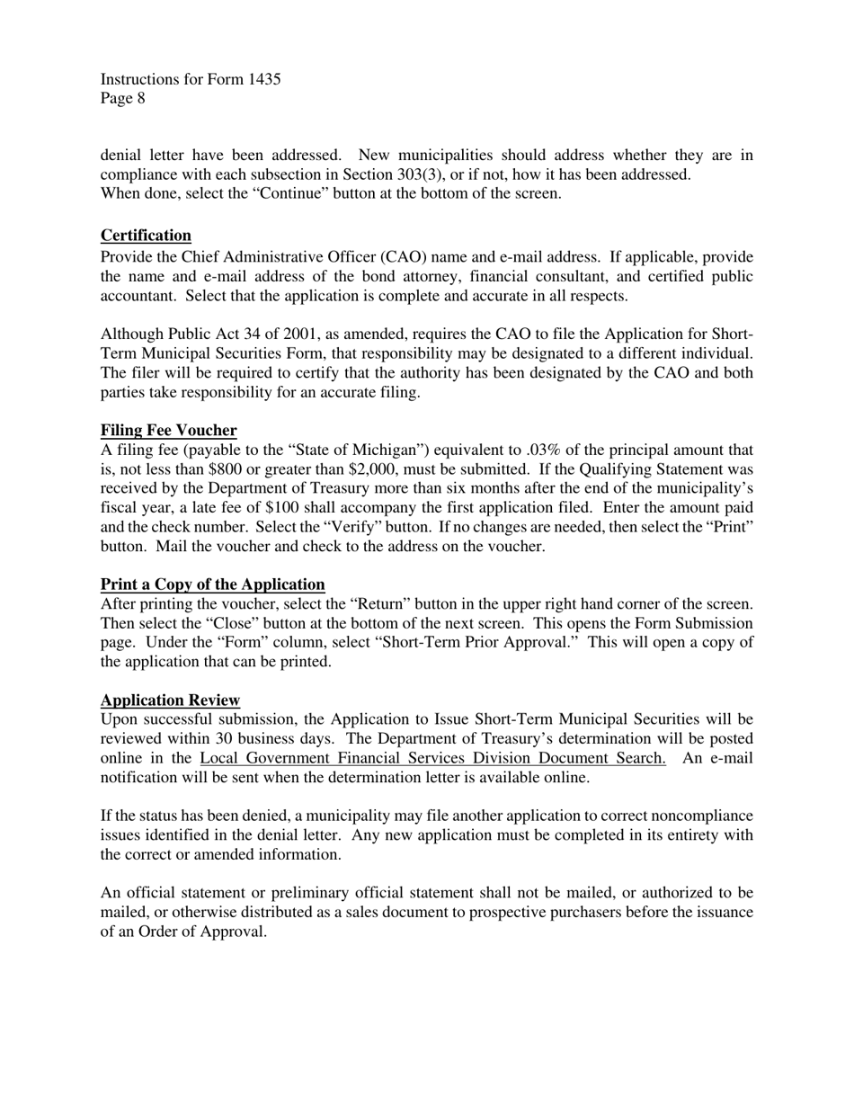 Instructions for Form 1435 Application for State Treasurers Approval to Issue Short-Term Municipal Securities - Michigan, Page 8
